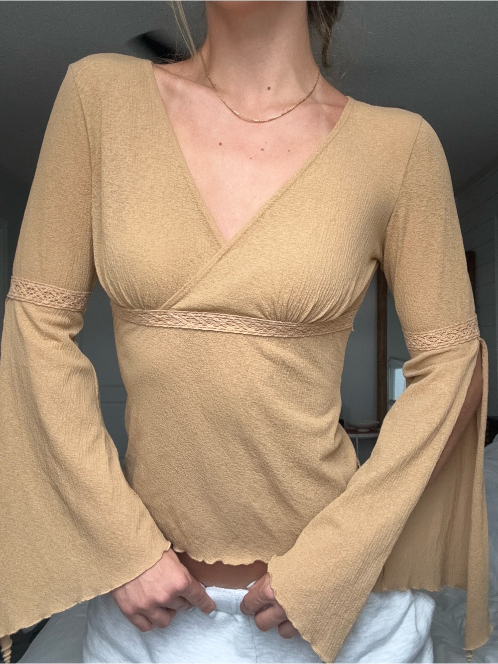Suzy Shier Camel Wrap V-Neck Bell Sleeve Top